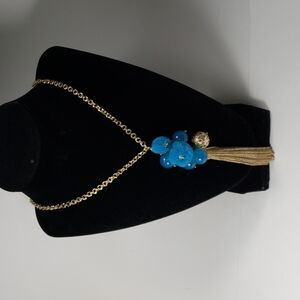 Gold Long Tassel Necklace – Women’s Jewelry with Blue Beads, Charms & Pom-Pom